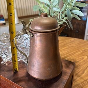Vintage Copper Tea Coffee Pot, Lidded Copper Water Pitcher w Hinged Brass Handle